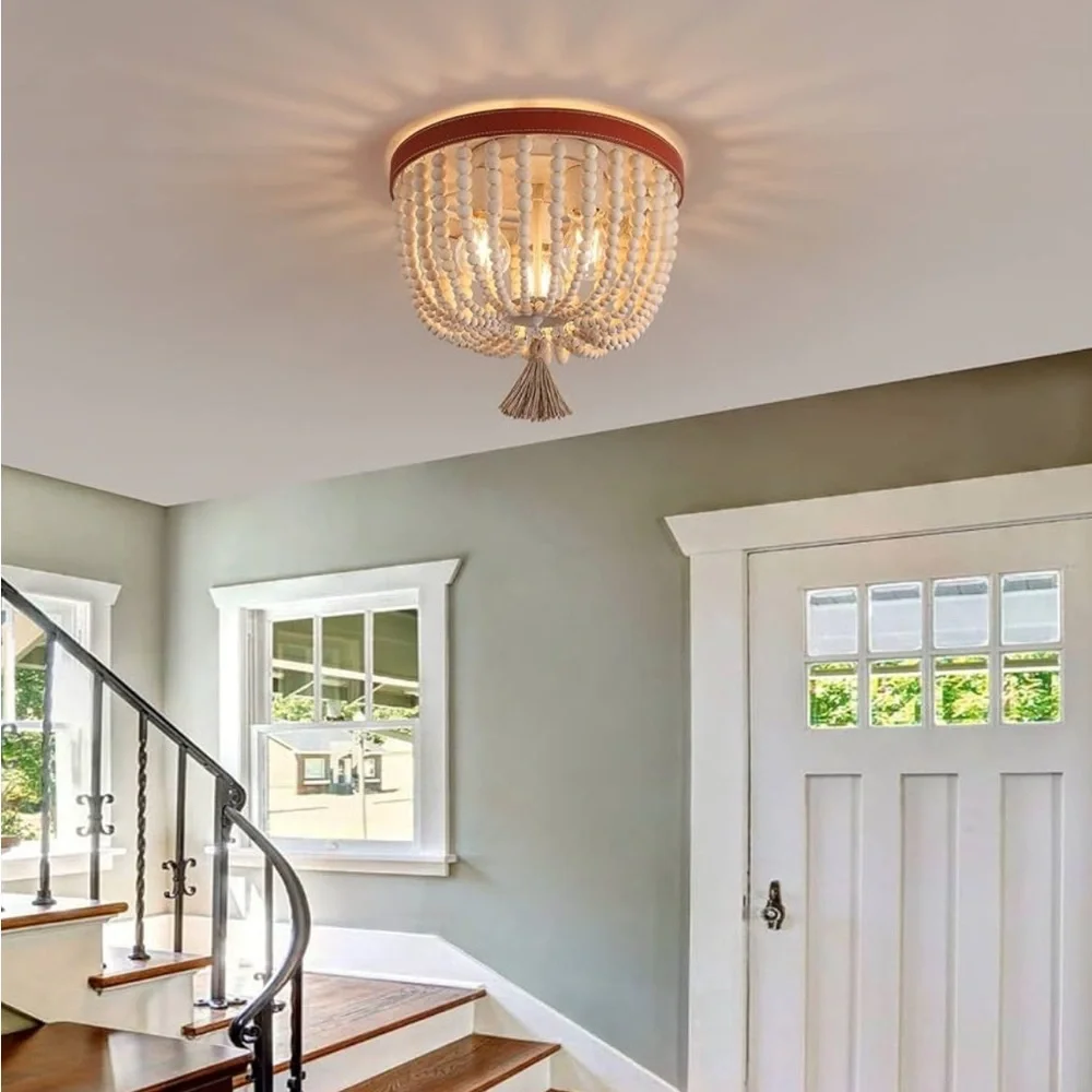 NEW Boho Wood Beaded Flush Mount Ceiling Lights Chandelier Fixture - Picture 2 of 10